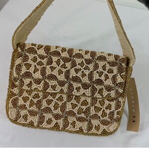 NWT Gold Cream Patterned Beaded Handbag Purse Handmade in India Statement Bag